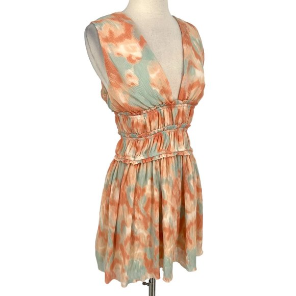 Fanco Tie Dye V-Neck Mini A-Line Dress Mint Orange Size Medium NWT - Picture 4 of 10